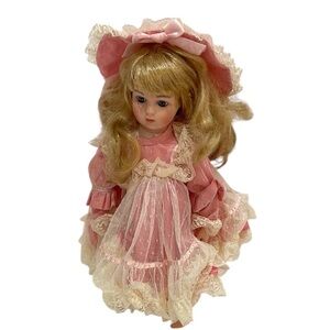 Vintage 80s boutique Limited edition numbered Porcelain Doll pink lace dress hat